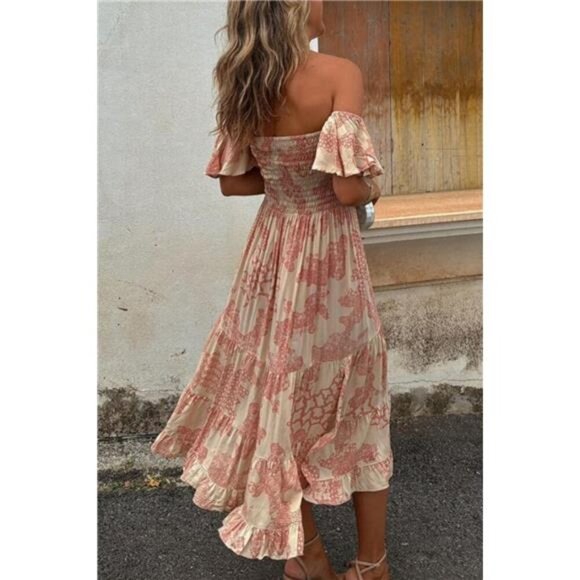 Smocked Off-Shoulder Printed Midi Dress - Picture 3 of 3